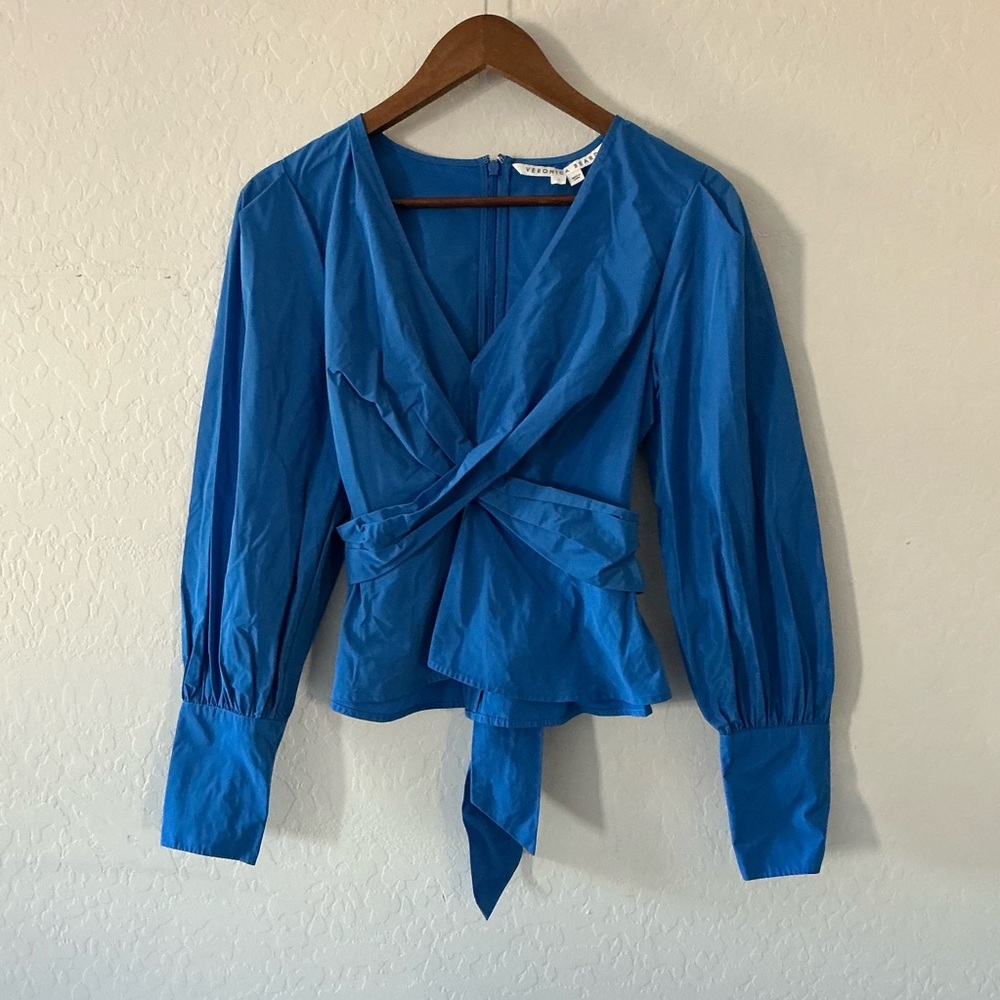 Veronica Beard Seema Wrap-Effect Taffeta Vibrant Blue Blouse Button Cuff Women’s - Picture 3 of 9